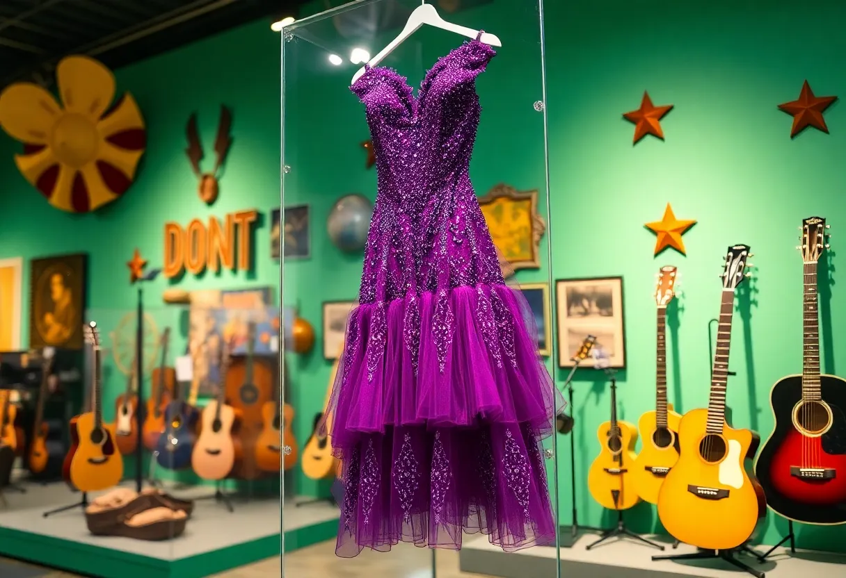 Artifacts from the country music exhibition including a purple gown and guitar
