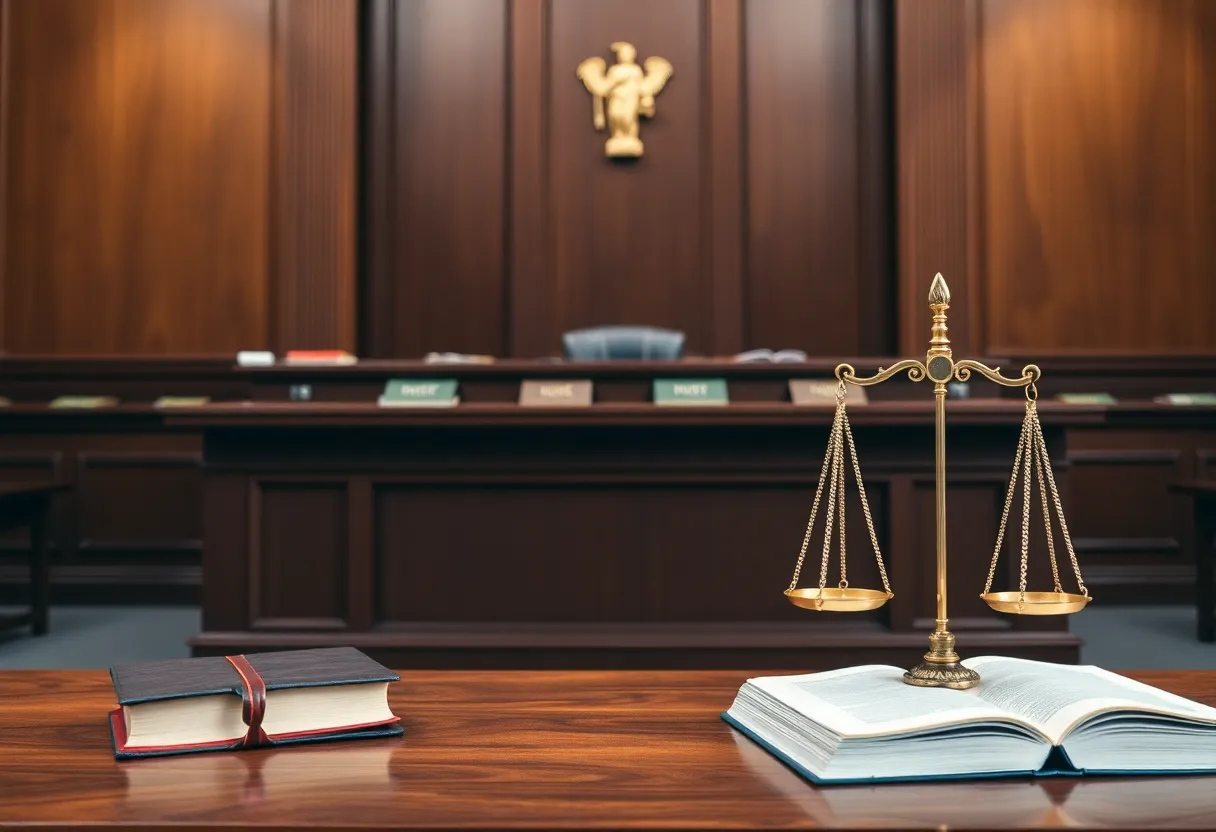 Empty courtroom with judge's bench and scales of justice
