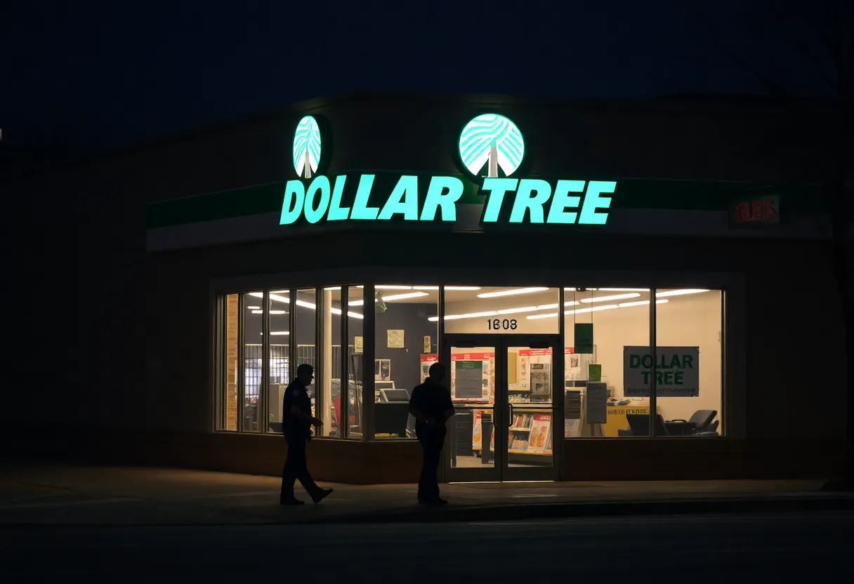 Exterior view of a Dollar Tree store at night with police presence.