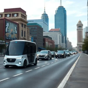 Futuristic driverless cars on a Nashville street