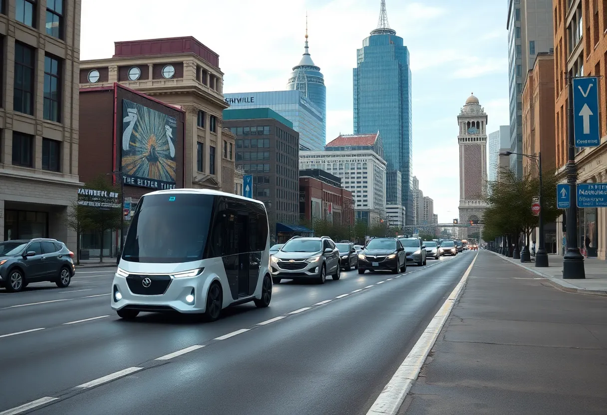 Futuristic driverless cars on a Nashville street