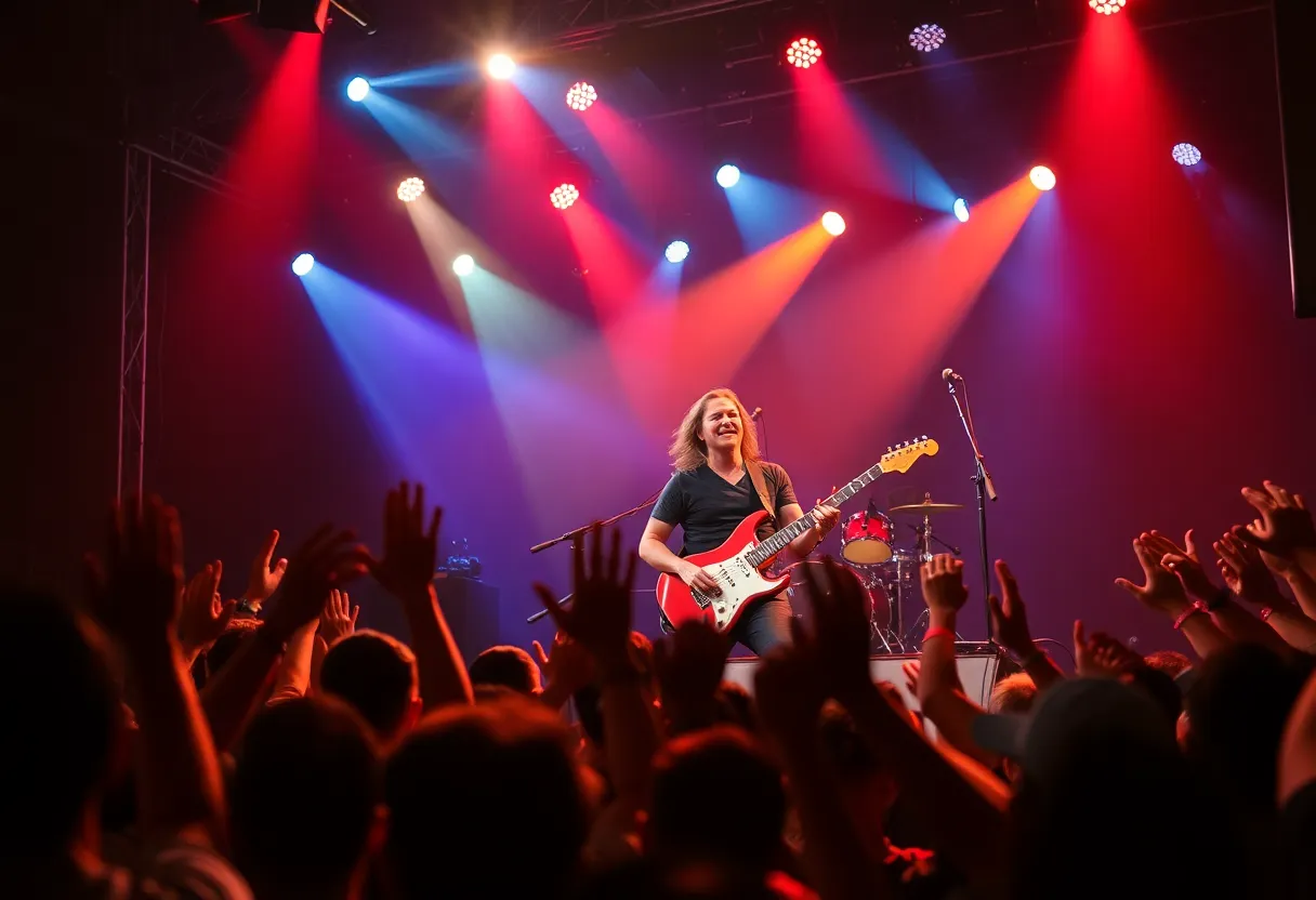 Eric Clapton performing live on stage with a band.