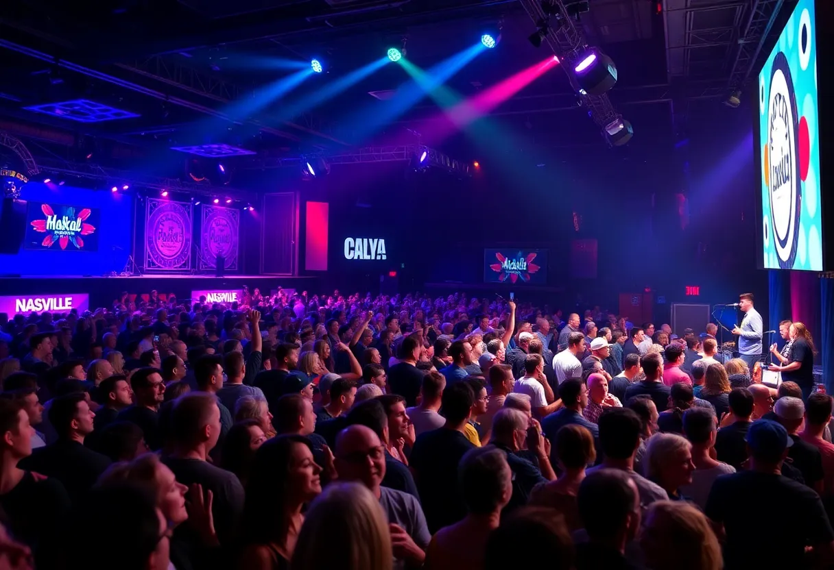 A lively concert scene at the Girls Write Nashville Benefit Show with a diverse audience