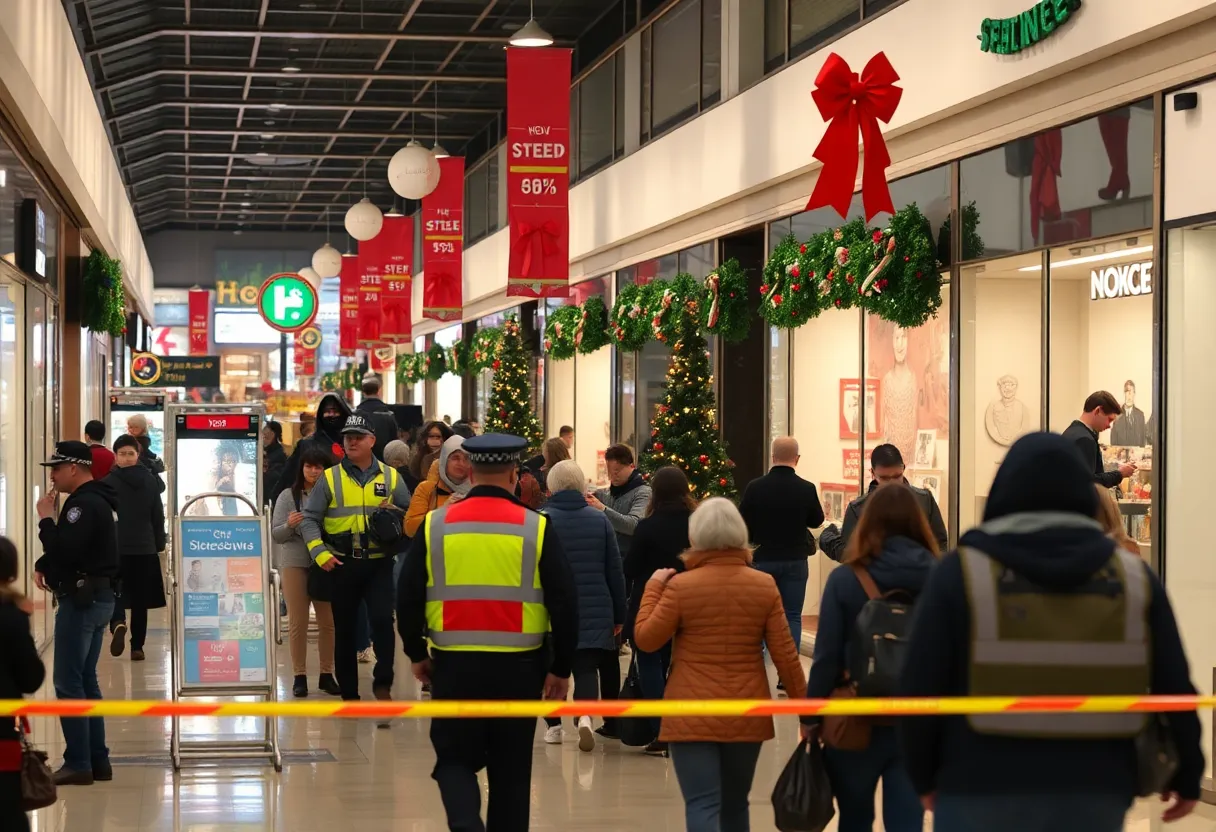 Shopping center with police presence during the holiday season