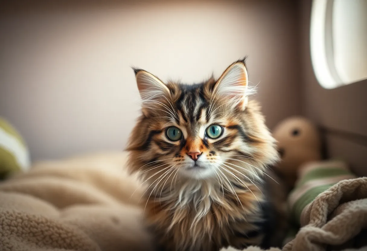 A domestic longhair cat named Katsura in a shelter setting, looking hopeful for adoption.