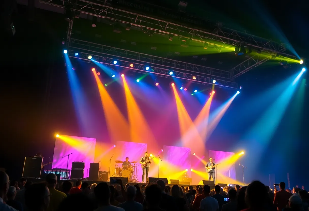 Stage setup for a music competition featuring instruments and lights.