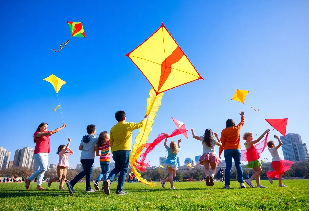 Families participating in the Kids and Kites Day at Bicentennial Park, flying kites and enjoying activities.