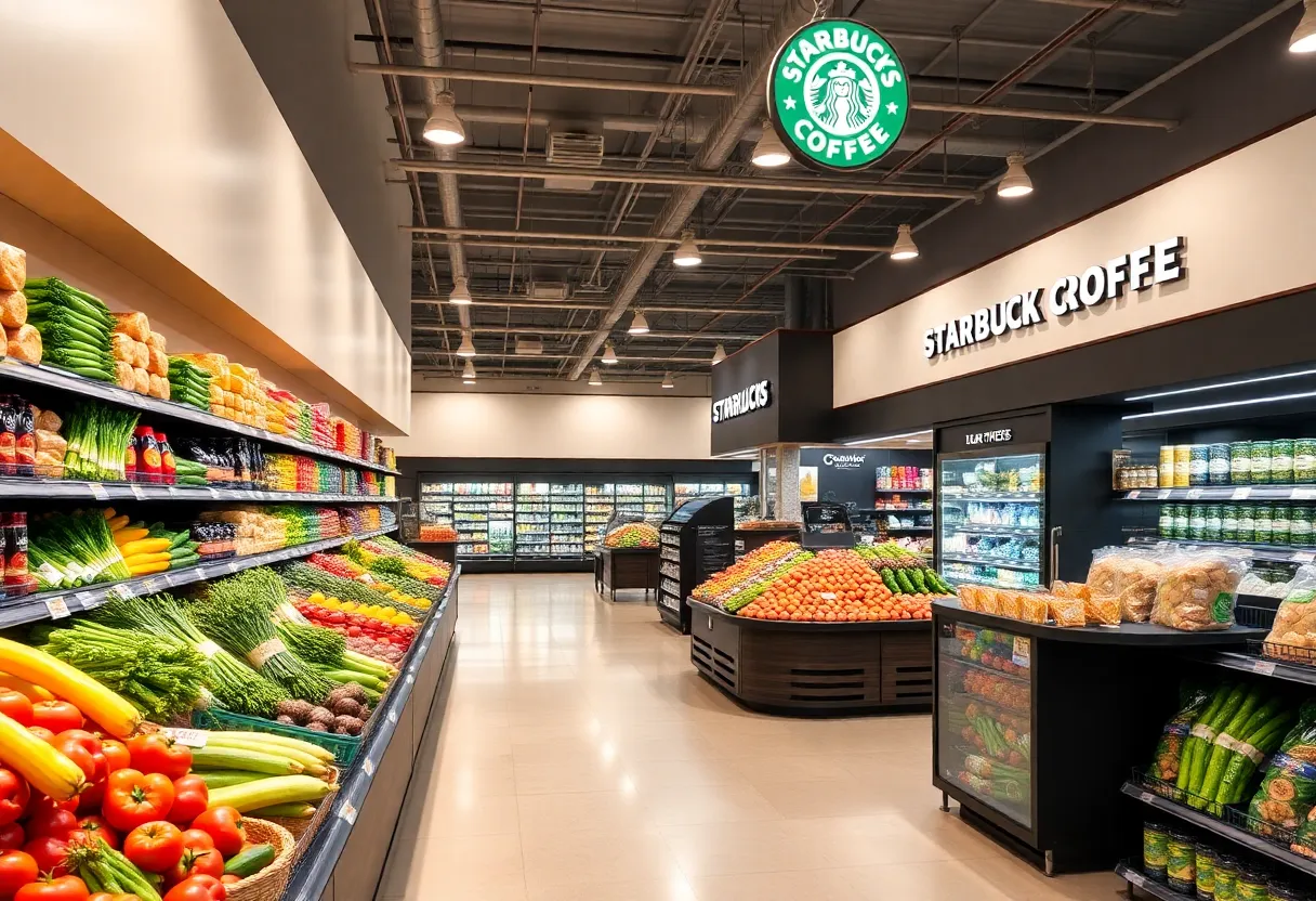 Interior view of a modern grocery store with fresh produce and a Starbucks corner.