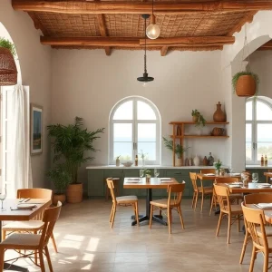 Interior of Mēdüzā Mediterrania restaurant showcasing Mediterranean design