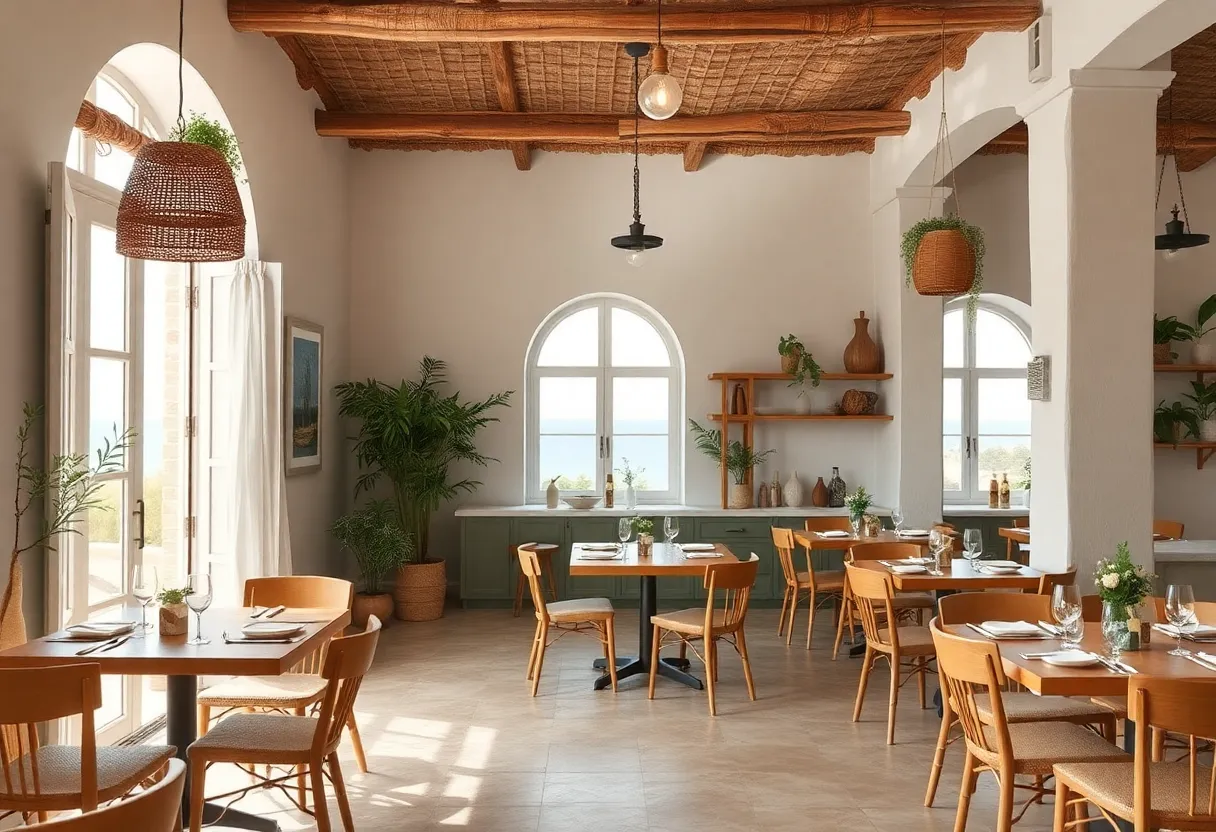 Interior of Mēdüzā Mediterrania restaurant showcasing Mediterranean design