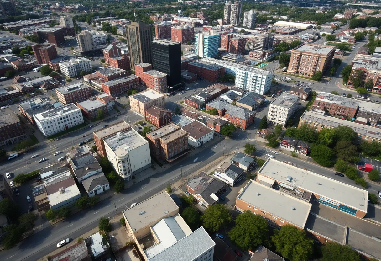Aerial view of the urban landscape in Memphis, highlighting neighborhoods and economic activity.