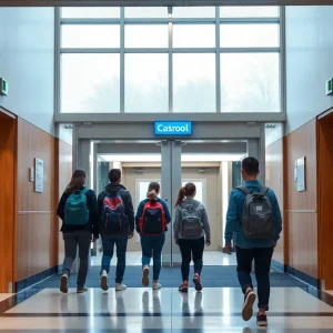 Students passing through AI-powered weapon detection system at school