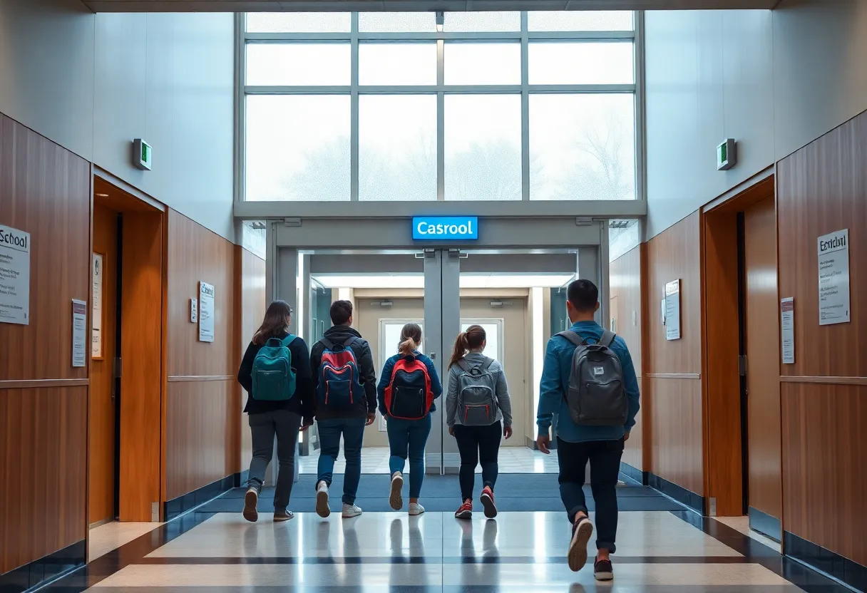 Students passing through AI-powered weapon detection system at school