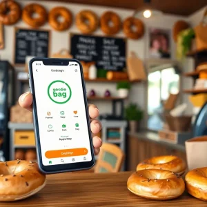Fresh bagels displayed in a shop with a smartphone app promoting food sustainability.