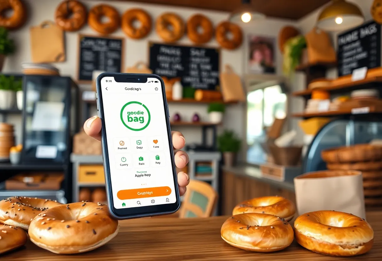 Fresh bagels displayed in a shop with a smartphone app promoting food sustainability.