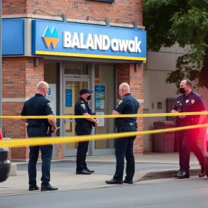 Law enforcement officers at a Nashville bank robbery crime scene