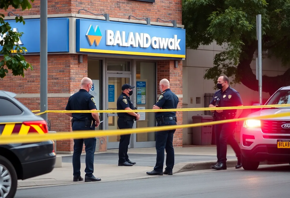 Law enforcement officers at a Nashville bank robbery crime scene