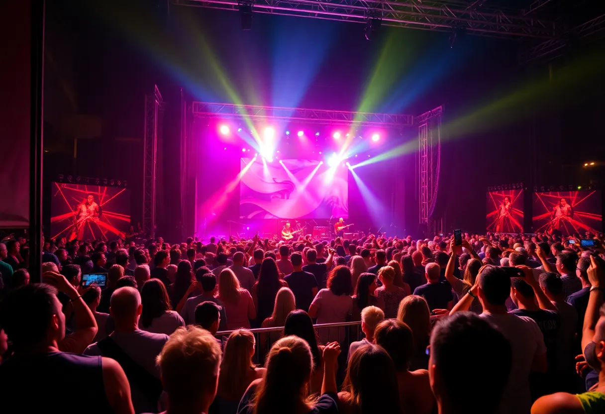 A vibrant concert scene in Nashville with a diverse audience enjoying live music