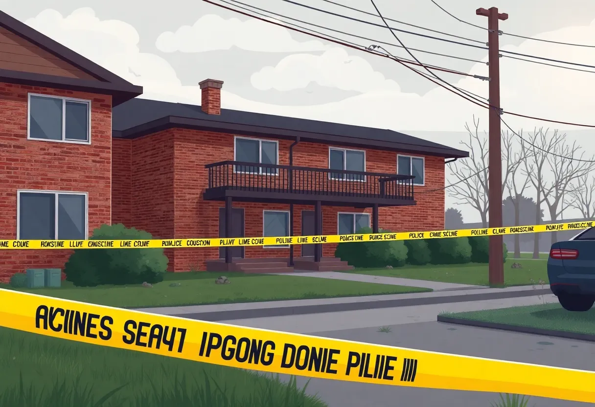 Illustration of a crime scene in Nashville depicting a duplex and police investigation.