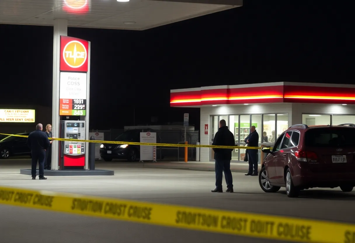 Police investigation at a gas station after a shooting