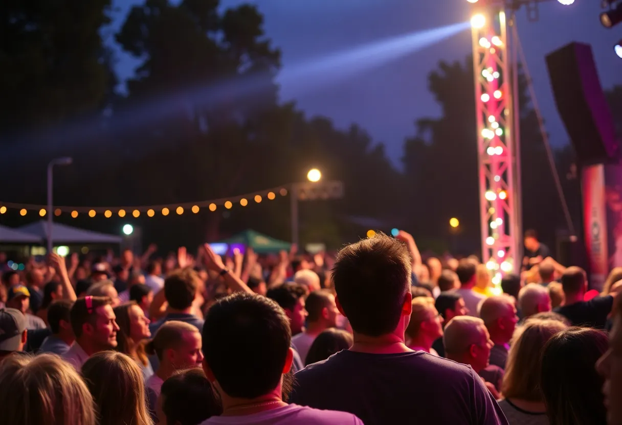 Crowd at a concert for hurricane relief efforts with colorful lights