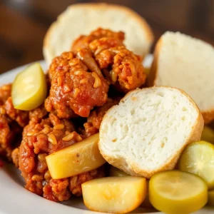 Spicy Nashville hot chicken served with pickles and bread