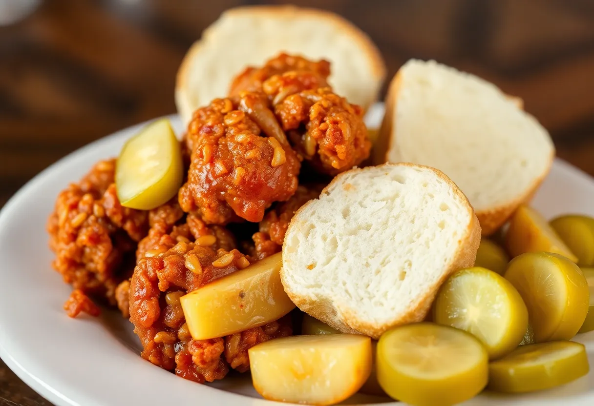 Spicy Nashville hot chicken served with pickles and bread