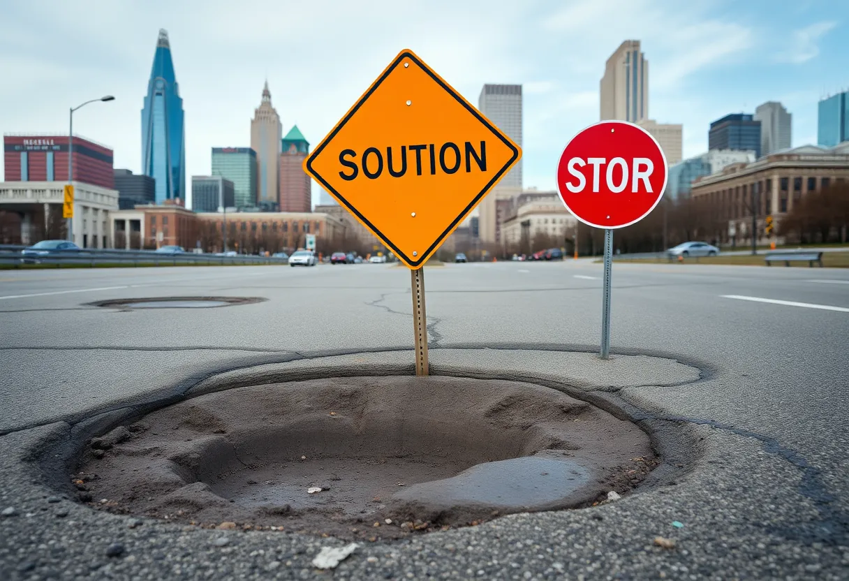Infrastructure challenges in Nashville with potholes and construction signs.