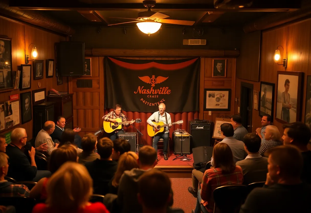 Musicians performing in a cozy acoustic venue at Nashville's Hutton Hotel.