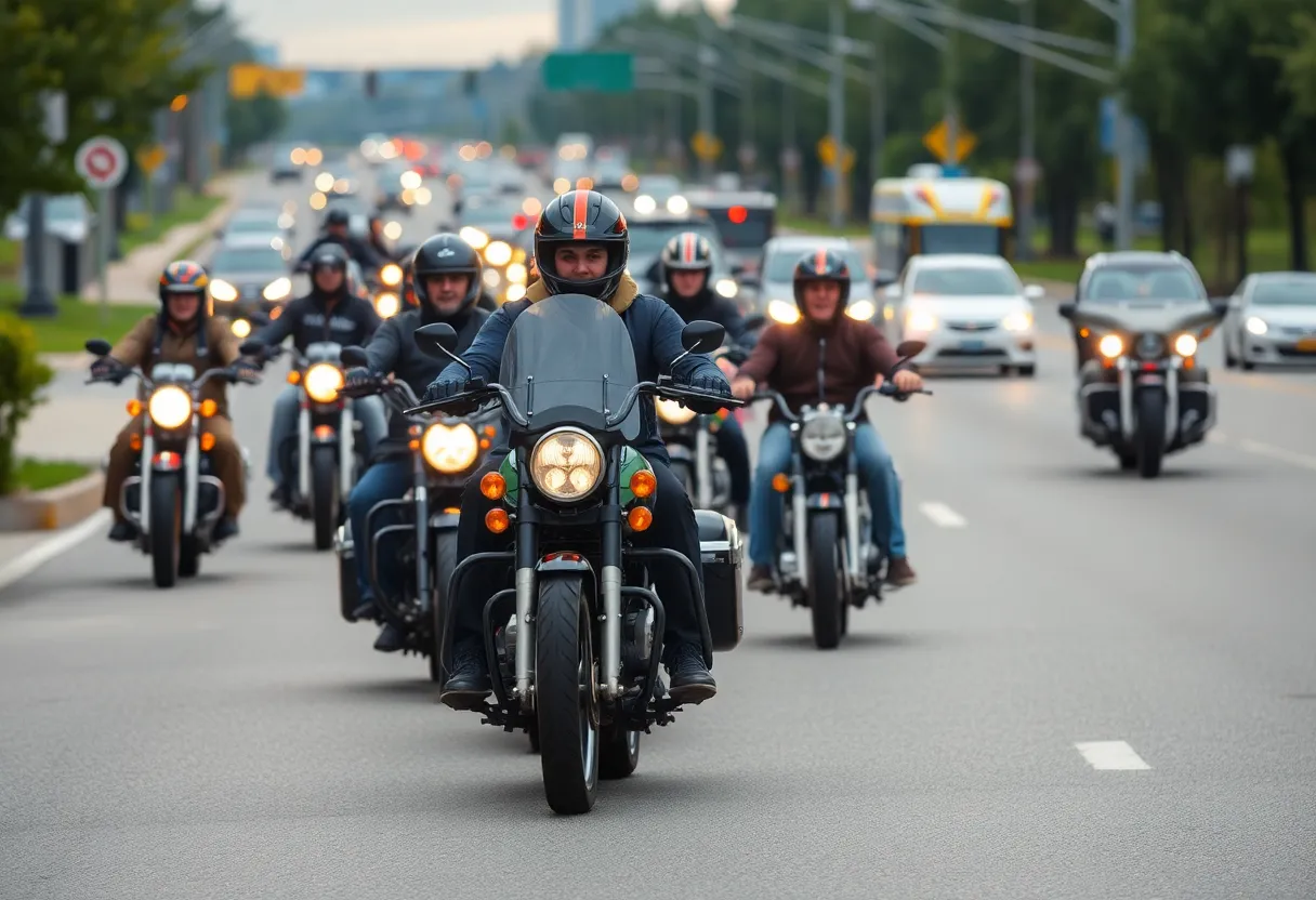 Motorcycles on a Nashville road emphasizing safety