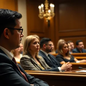 Courtroom scene during closing arguments in Nashville murder trial.