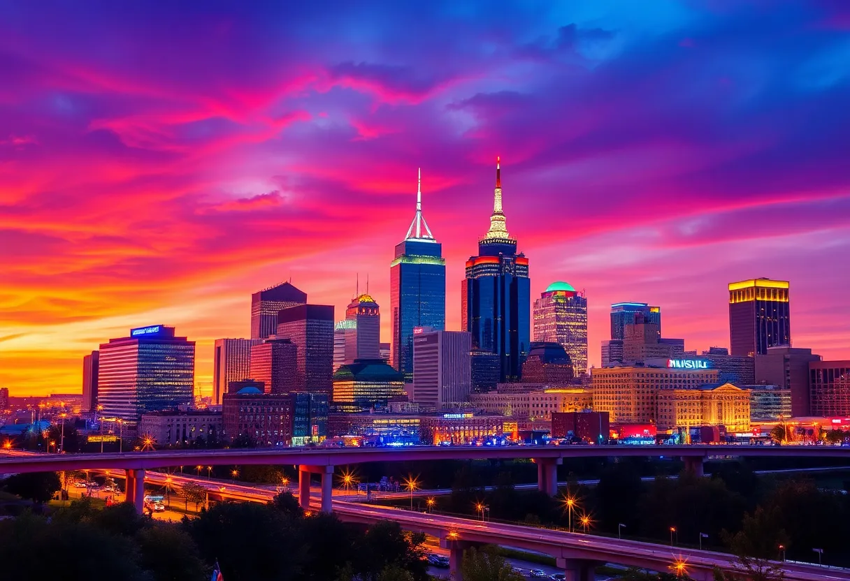A vibrant cityscape of Nashville representing the music industry.