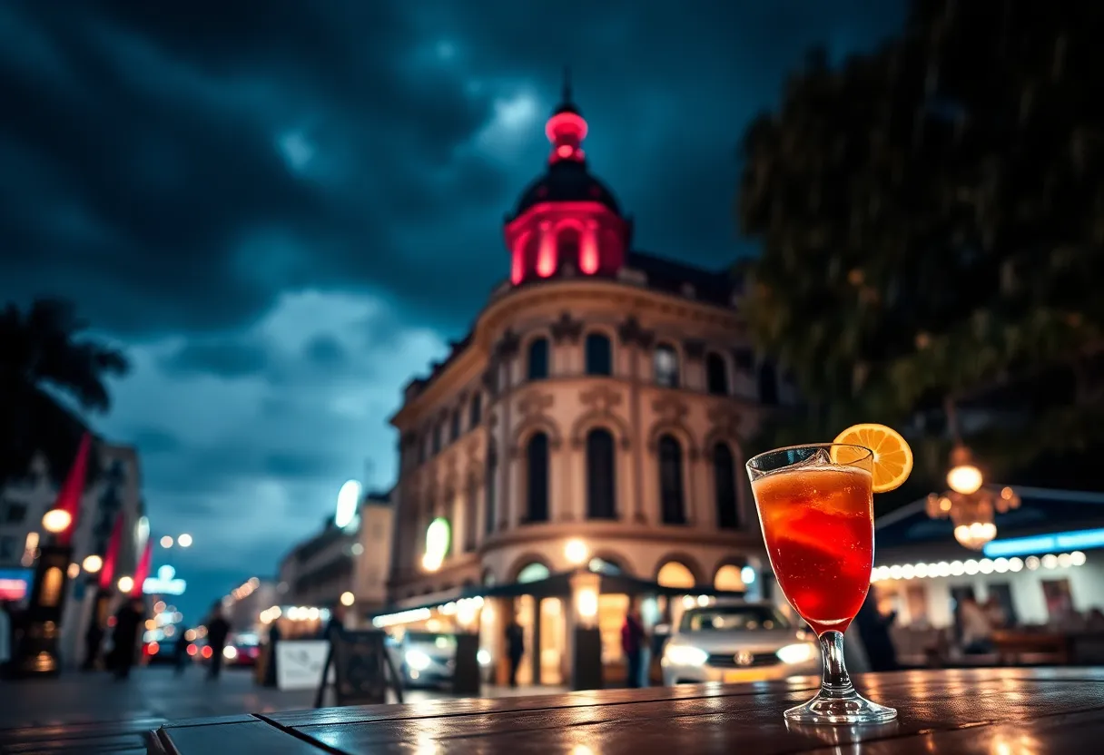 Vibrant nightlife in Nashville with stormy skies
