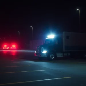 A parking lot with police lights illuminating a stolen vehicle