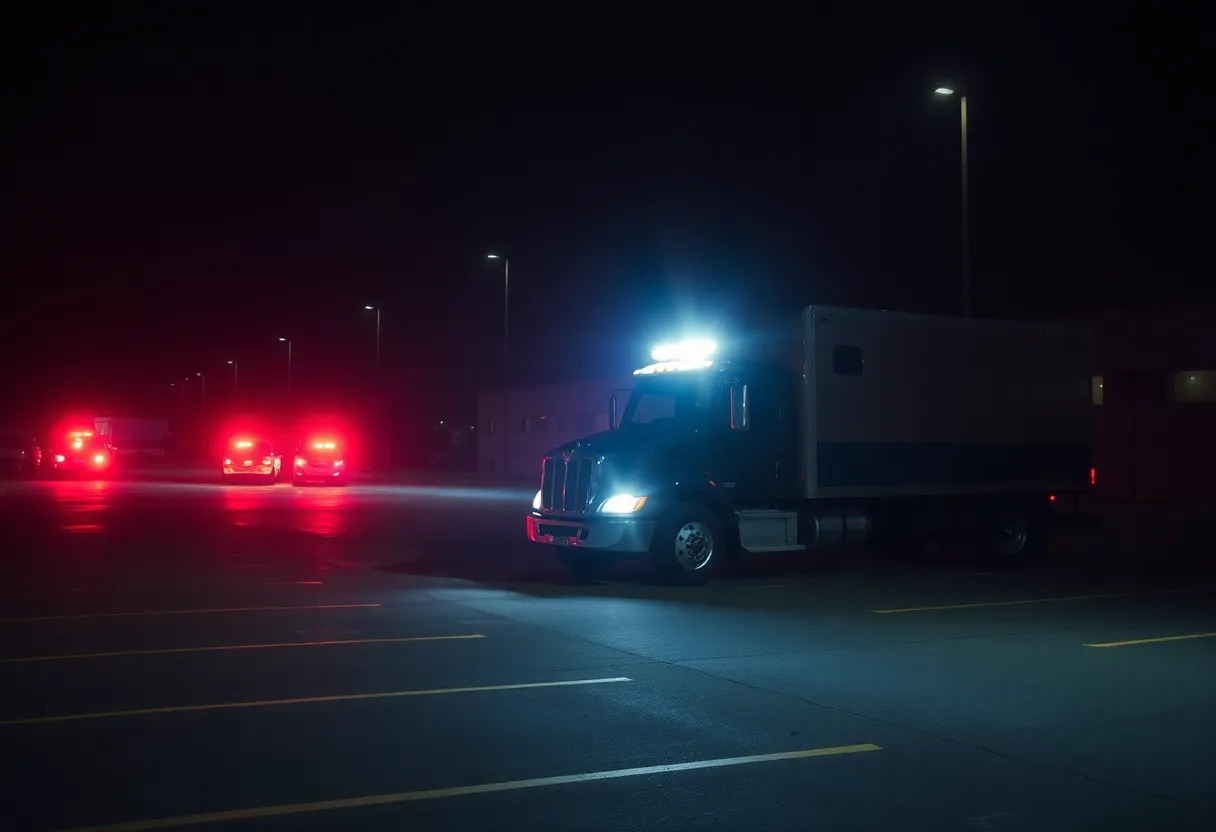 A parking lot with police lights illuminating a stolen vehicle