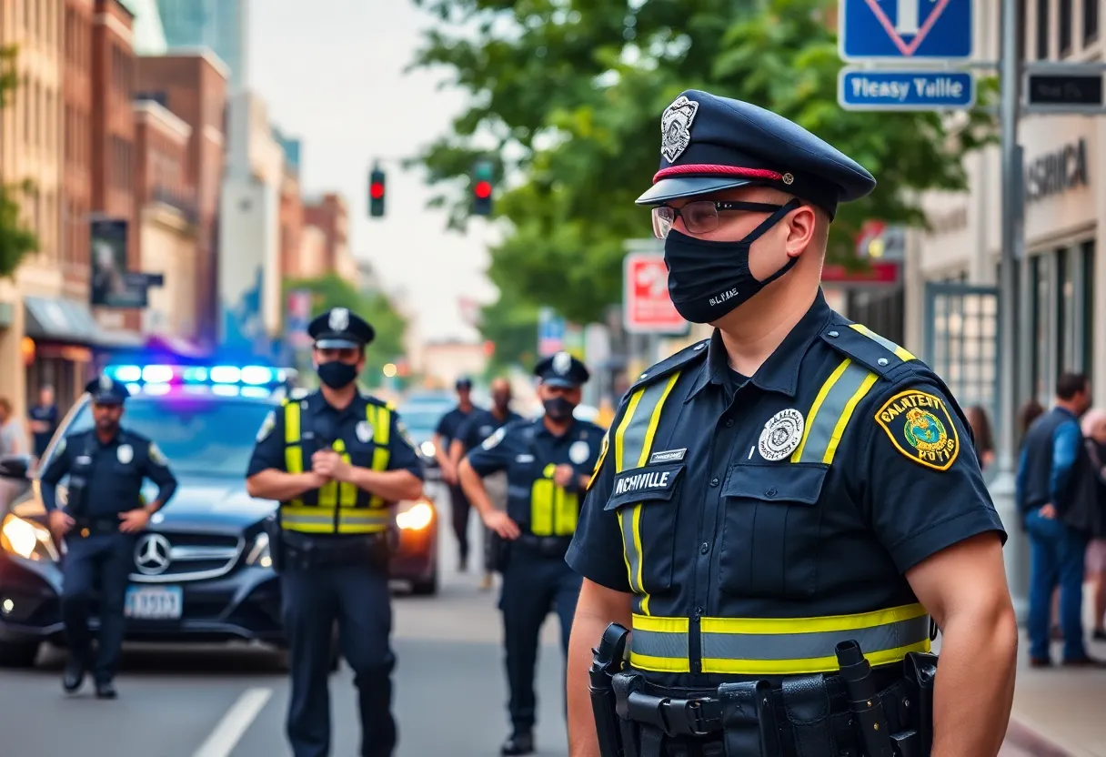 Nashville police officers on duty in a neighborhood setting.