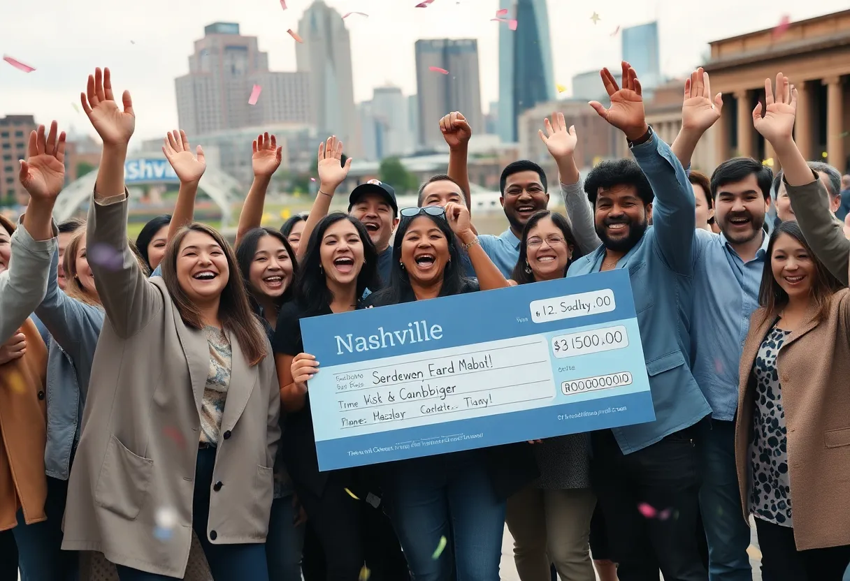 People celebrating a lottery win in Nashville with confetti