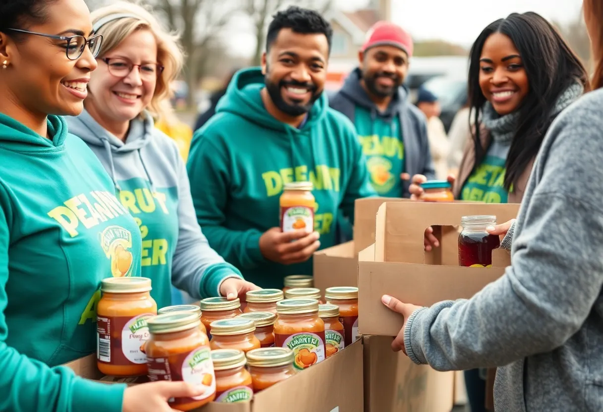 Volunteers at Nashville Predators Foundation food drive collecting essential food items.