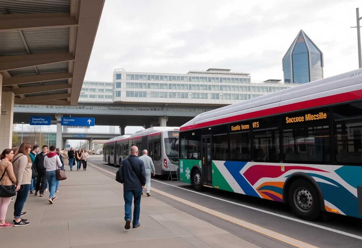 A new bus station in Nashville bustling with activity and passengers.