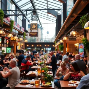 A vibrant scene of Nashville restaurants filled with diners enjoying various cuisines.