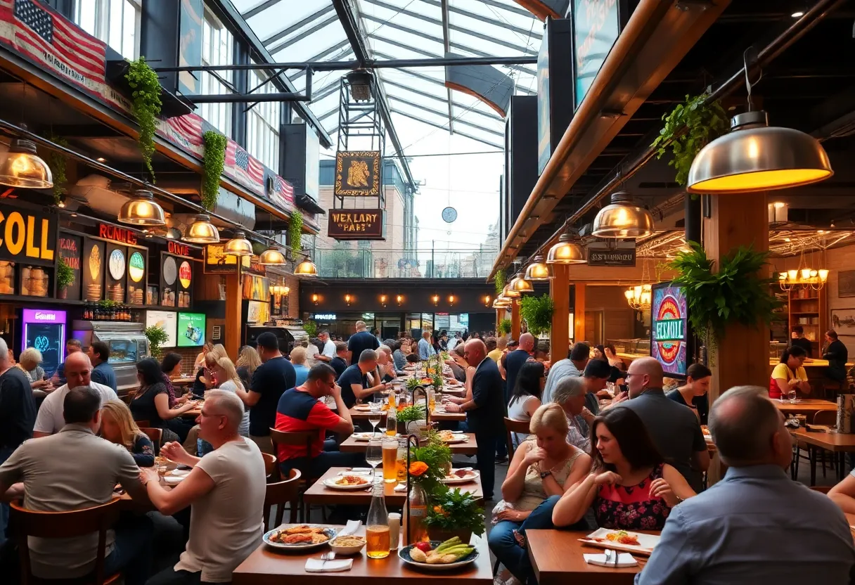 A vibrant scene of Nashville restaurants filled with diners enjoying various cuisines.