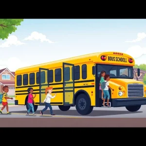 Children boarding a Nashville school bus in a safe environment.