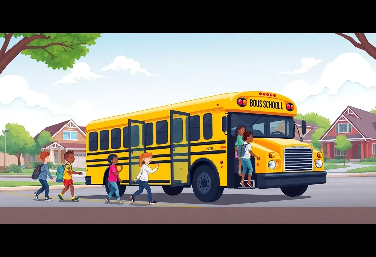 Children boarding a Nashville school bus in a safe environment.