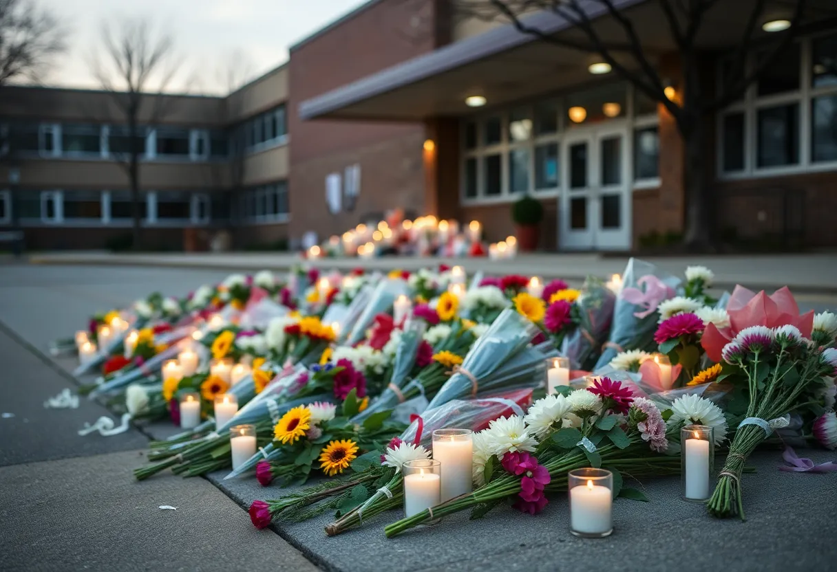 Memorial for Nashville school tragedy with flowers and candles
