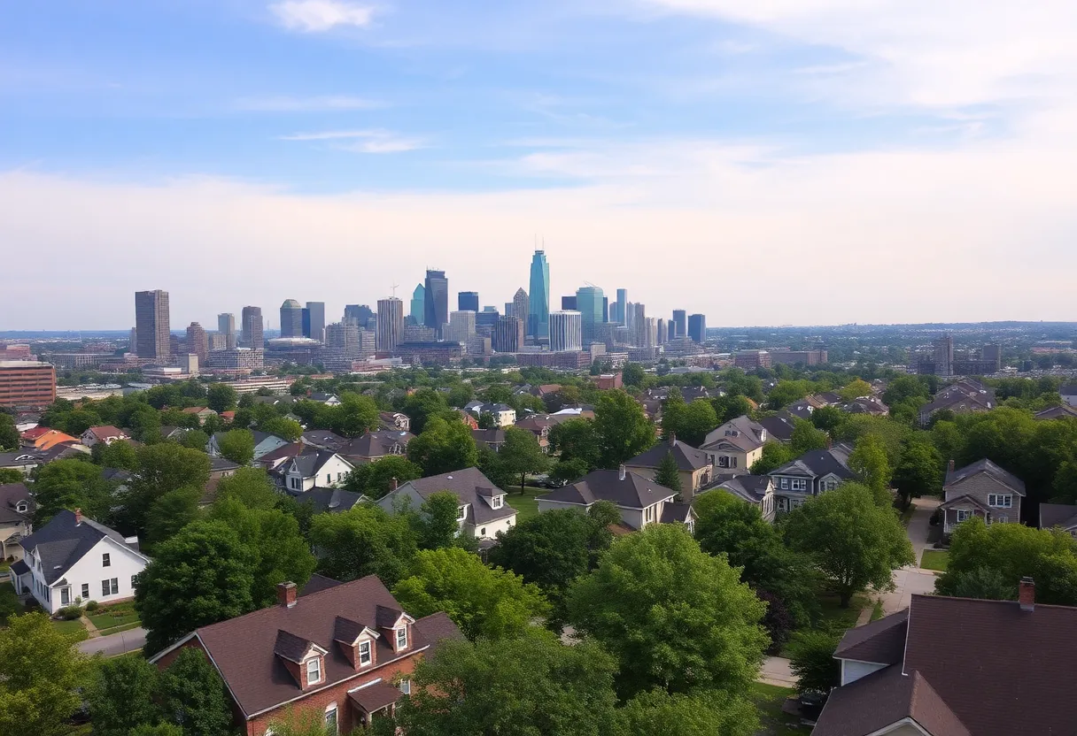 A scenic view of Nashville's skyline and suburban houses, depicting the concept of the American dream.