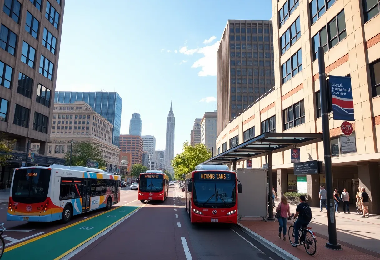 Illustration of Nashville's new transit infrastructure including buses and bike lanes.