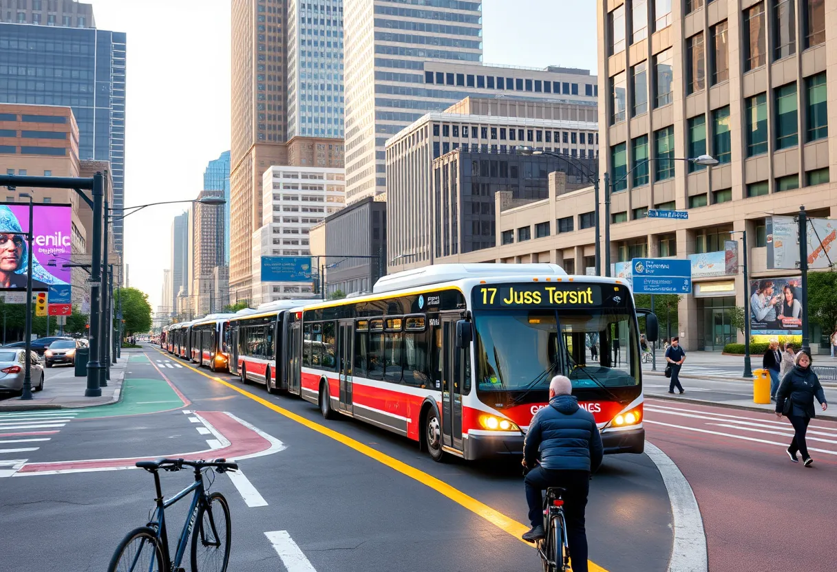 Futuristic view of Nashville's public transportation system with improved buses and bike lanes.