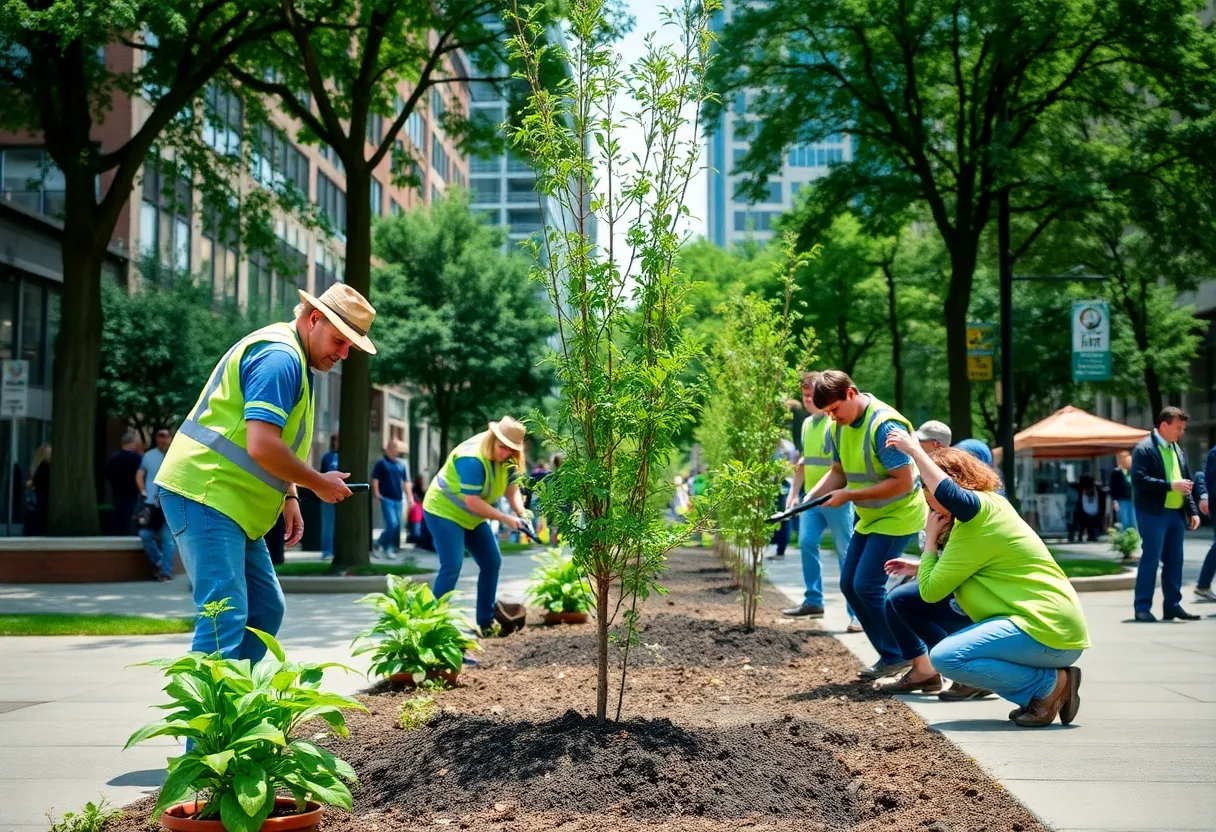 Community volunteers planting trees in Nashville urban landscape.