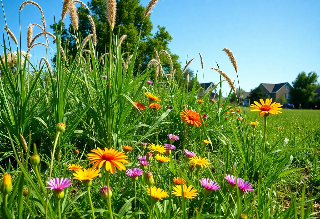 Vibrant lawn in Nashville during No Mow Month with wildflowers