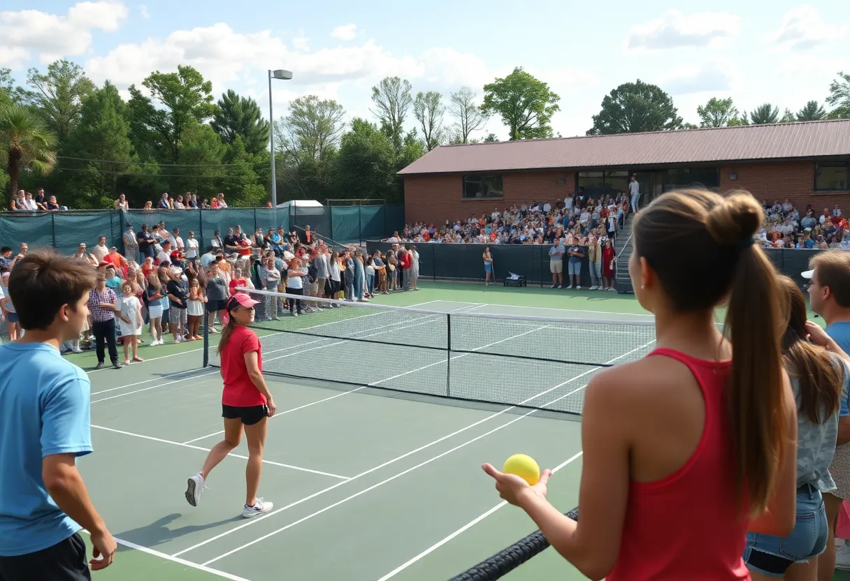 College tennis match between Oklahoma and Vanderbilt with cheering fans.